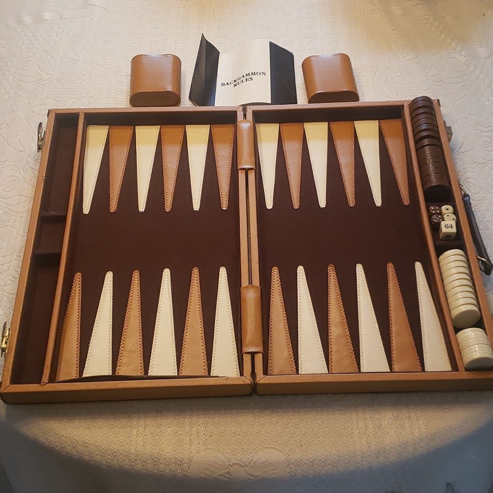 Vintage 1970s Felt and Faux Leather Backgammon Game Board in Faux Leather Case